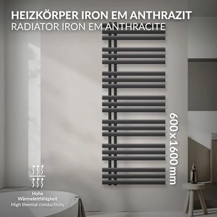 ECD Germany Iron EM Design Badheizkörper - 600 x 1600 mm - Anthrazit - Designheizkörper Paneelheizkörper Handtuchwärmer 630W - Qualität & Vielseitigkeit – Bild 2