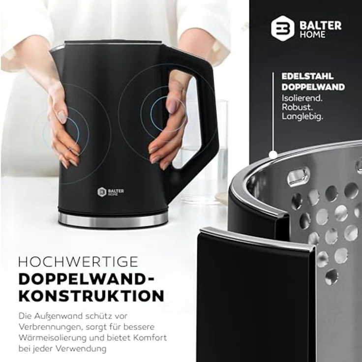 Balter WK-12 Edelstahl Wasserkocher, Temperaturwahl 40°C-100°C, 1.5L, 2200W, doppelwandig, kabellos, BPA-frei, Schwarz – Bild 3