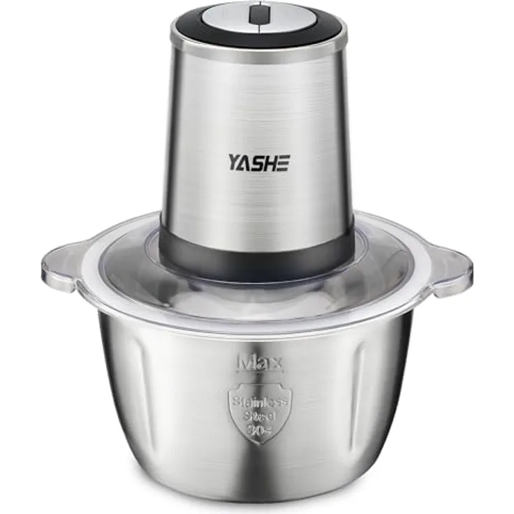 YASHE Elektrischer Zerkleinerer, 500W mit 1,8L Edelstahlschüssel, 4 doppelten Klingen und 2 Geschwindigkeiten, Schwarz+Edelstahl