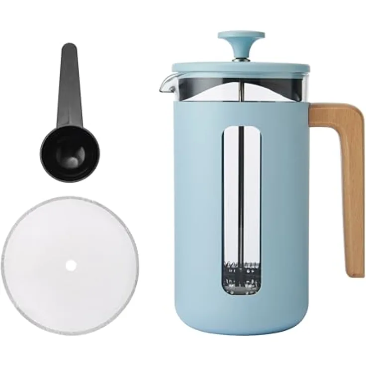 La Cafetière Pisa Kaffeebereiter, 8 Tassen, himmelblau, langlebiger Edelstahl-Kolben, hitzebeständige französische Presse mit Naturholzgriff, 1 l