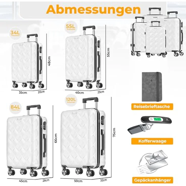 KESSER® Reisekoffer Set 4-teilig, ABS Hartschalenkoffer mit Zahlenschloss, Kofferwaage & Reisebrieftasche, 360° Rollen, Handgepäck & große Koffer in Snow White – Bild 3
