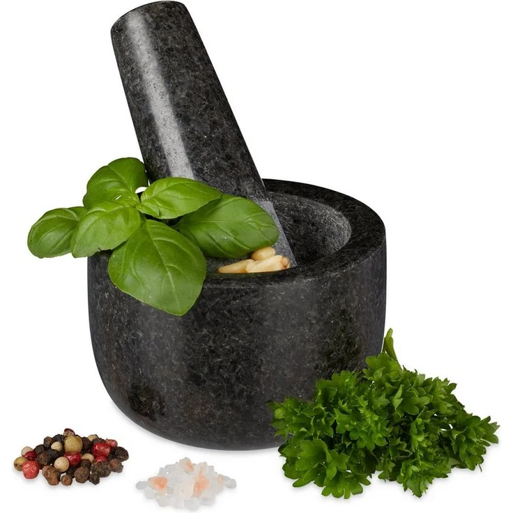 relaxdays Mörser Granit Mörser mit Stößel klein, aromatisches Zerkleinern von Gewürzen, robustes Naturmaterial, Grau – Bild 1