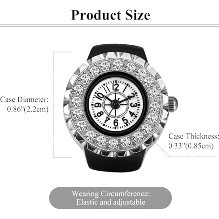 JewelryWe Ringuhr Fingeruhr Damen - Elegante Quarz-Uhrenring mit Strass, Schwarz Elastisches Band, 10m wasserdicht – Bild 4