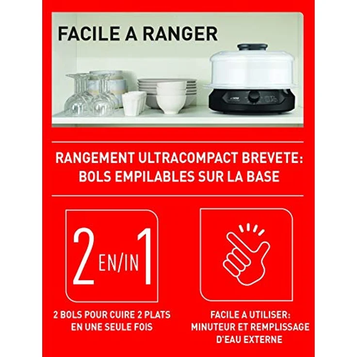 SEB Ultracompact Dampfgarer VC204800, 9 l, 800 W, 3 stapelbare Schüsseln, 60 Minuten Timer, automatische Abschaltung, sichtbarer Wasserstand – Bild 2