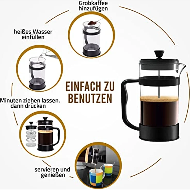 KICHLY French Press Kaffeemaschine, Tragbare Cafetière mit Dreifachfilter, Hitzebeständiges Glas, Edelstahlgehäuse, 1000ml - Schwarz – Bild 3