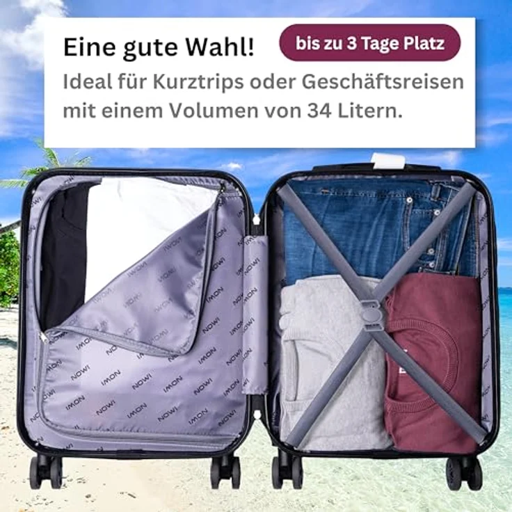 NOWI Las Palmas Koffer Klein, leichter Hartschalenkoffer mit 360° Rollen, Kofferwaage und Kofferband, 34L, 55x40x20cm, metallic lila, passend für Ryanair und Lufthansa – Bild 4