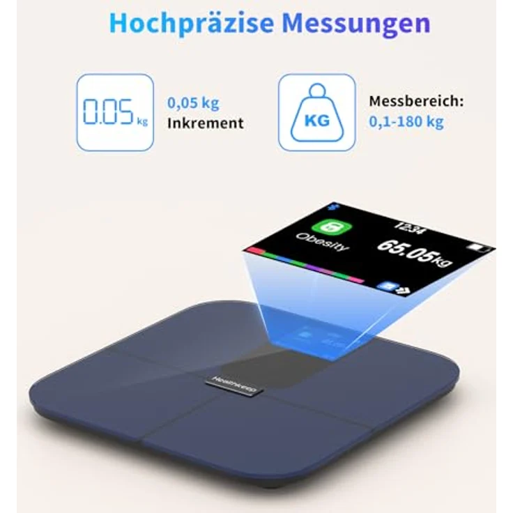 Healthkeep Personenwaage mit TFT-Farbdisplay, ITO-Technologie und Herzfrequenzmessung, App für Android und iOS, Blau – Bild 5