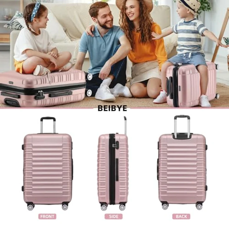 BEIBYE Hartschalen Koffer Trolley Kofferset, 3-teilig in Rosagold, mit 360° Zwillingsrollen, erweiterbar, integriertes Zahlen-Schloss – Bild 2