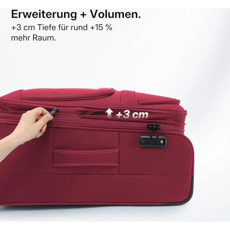 Münicase XL Stoffkoffer, erweiterbar mit 15% Extra-Volumen, TSA-Schloss, 360° Doppelrollen, verdecktem Namensschild und Frontfächern (Weinrot, 79 cm) – Bild 4