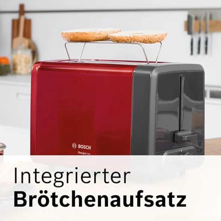 Bosch TAT4P424DE DesignLine Kompakt-Toaster, Auftau-Aufwärmfunktion, versenkbarer Brötchenaufsatz, Abschaltautomatik, 970 W, rot – Bild 5