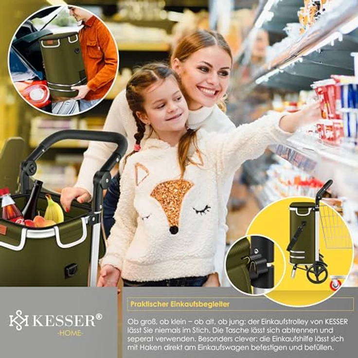 KESSER® Einkaufstrolley klappbar 56L, belastbar bis 50kg, 3in1 Trolley mit Kühlfach, Treppensteiger, Umhängetasche, Khaki – Bild 4