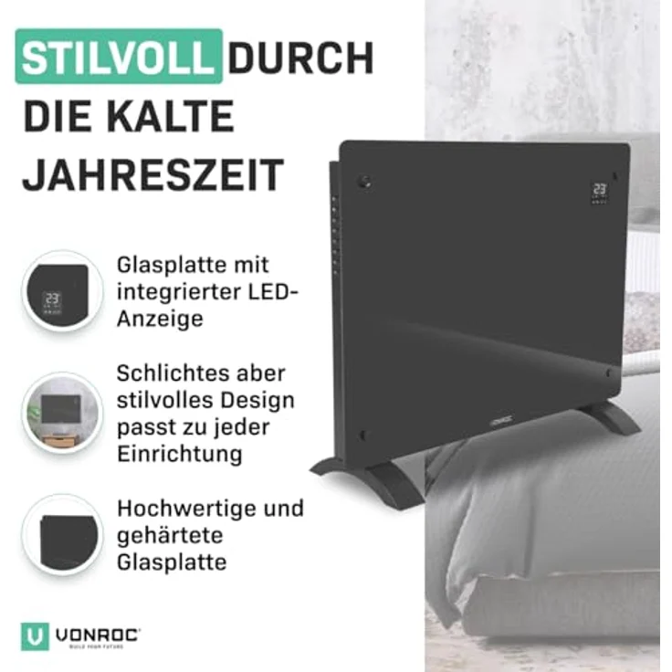 VONROC Elektroheizung, Konvektor-Heizung - elektrische Heizung bis 24m2 - LED Anzeige, leise, 2 Stufen 1000W & 2000W, Manuelle/App Steuerung - grau – Bild 2