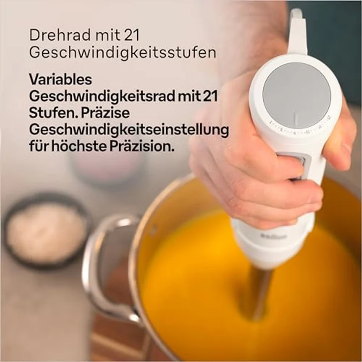 Braun Stabmixer MultiQuick 5 MQ 50001 M, 1000W, 21 Geschwindigkeitsstufen+Turbo, Edelstahl Pürierfuß, Easy Click System, SplashControl, Inkl. 600ml Becher, Weiß – Bild 4
