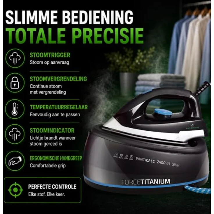 Just Perfecto Dampfbügeleisen Force Titanium Dampfbügelstation, 2400 W, 5 bar, 120 g/min, Anti-Kalk, Schwarz – Bild 7