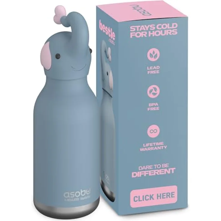 ASOBU Bestie Kindertrinkflasche mit Elefantenkopf, isolierte Edelstahlflasche 420ml, auslaufsicher & BPA-frei, Spülmaschinenfest
