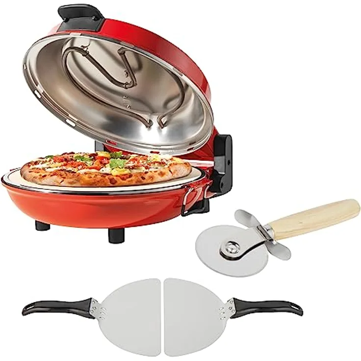 Petra PT5666VDE Elektrischer Pizzaofen - 1200W, 5 Heizstufen, inkl. Pizzastein & Zubehör, Rot