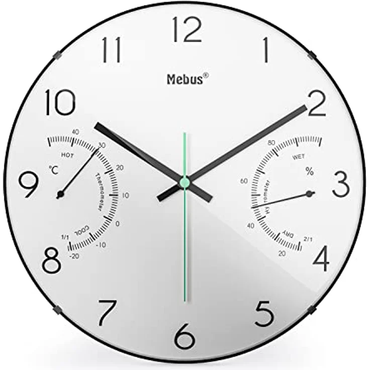 Mebus Quarz-Wanduhr mit Thermometer und Hygrometer / Farbe: Weiß / Modell: 16106, 30 cm – Bild 1