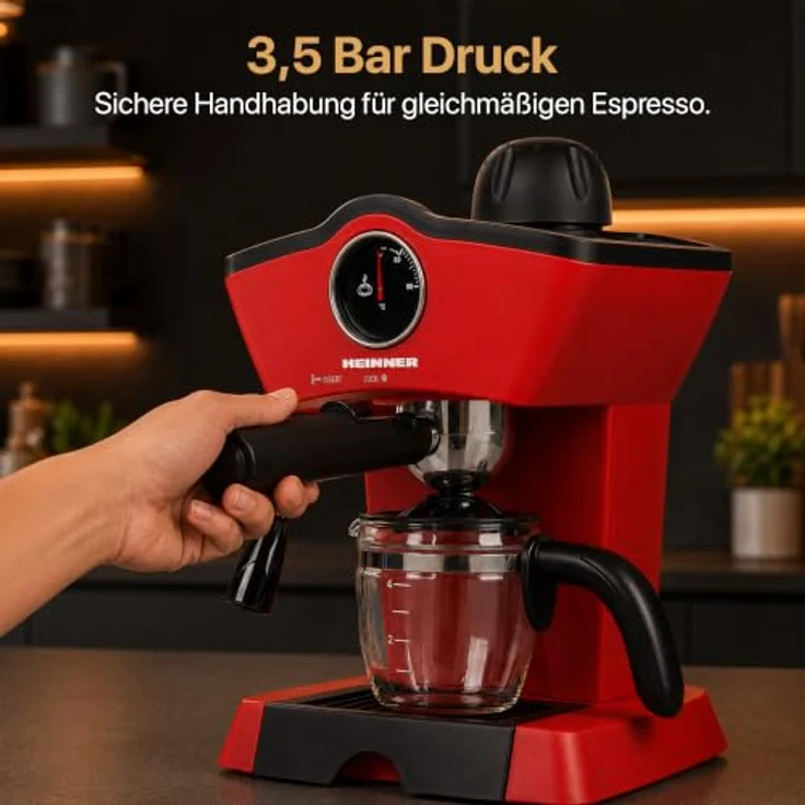 Heinner HEM-200RD, Espressomaschine mit 800 W, 0,25 l Wassertank, Edelstahlfilter und Glaskanne, Rot – Bild 6
