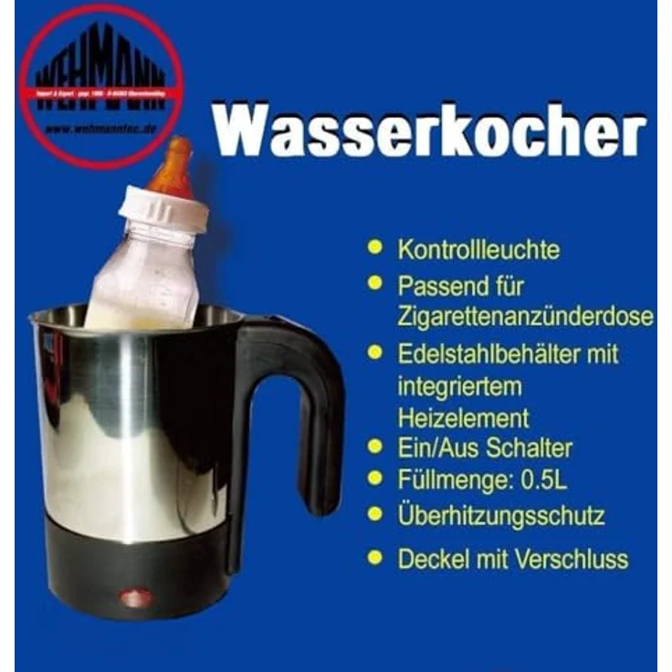 Wehmann Reise-Wasserkocher 12V, Edelstahl Wasserkocher mit 150 Watt, Babykosterwärmer mit Überhitzungsschutz und Kontroll-Leuchte – Bild 4