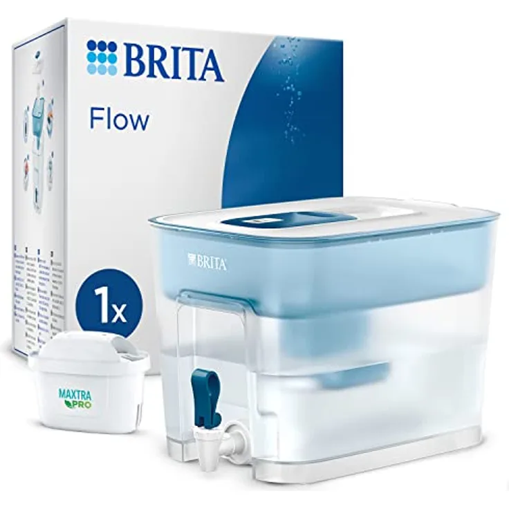 BRITA Flow Wasserfilter XXL mit Zapfhahn (8,2l) inkl. 1x MAXTRA PRO All-in-1 Kartusche – Wasserfilterstation zur Reduktion von Kalk, Chlor, Metalle wie Blei & Kupfer im Leitungswasser
