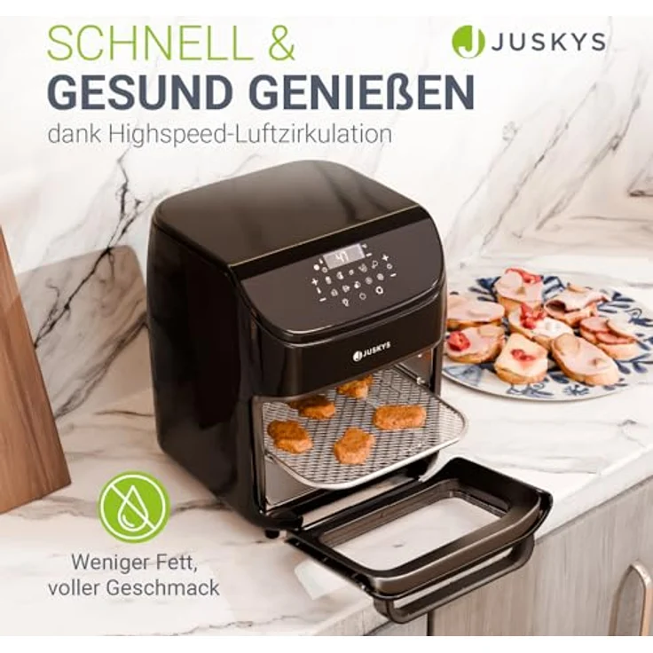 Juskys Heißluftfritteuse 12L, Airfryer mit LCD-Touch, 10 Programmen, Temperatur 25–200 °C, Schwarz, inkl. Zubehör – Bild 4