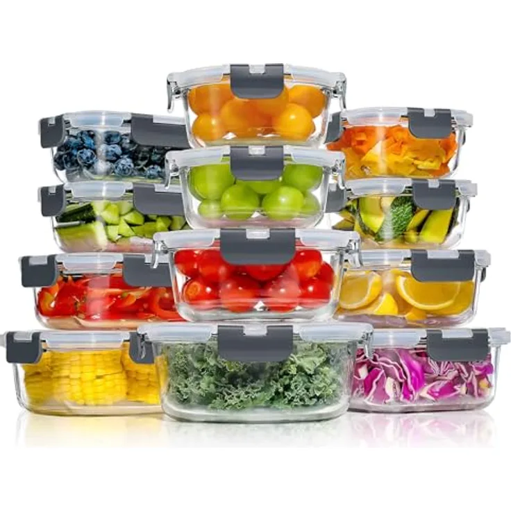 YASHE Glas-Frischhaltedosen LN-12PCS, 12 Behälter, 6,75 L, luftdicht und stapelbar, Grau