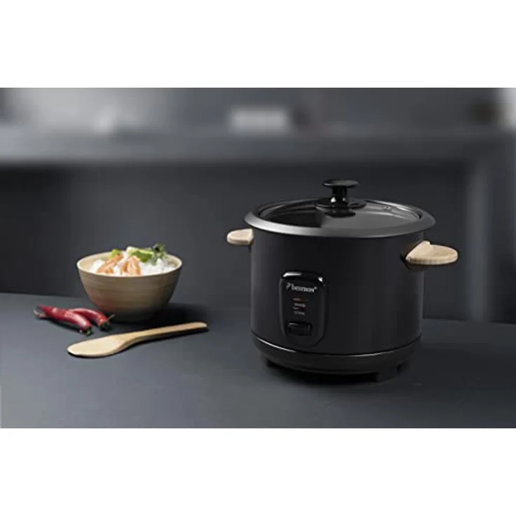 Bestron ARC180BW Reiskocher, 700W, 1,8 Liter, für 8 - 10 Personen, Warmhaltefunktion, inkl. Messbecher, Reiflöffel, mit Bambusgriffen, Kontrollleuchte, Wasserstandsanzeige, antihaftbeschichtet, schwarz-holz – Bild 3
