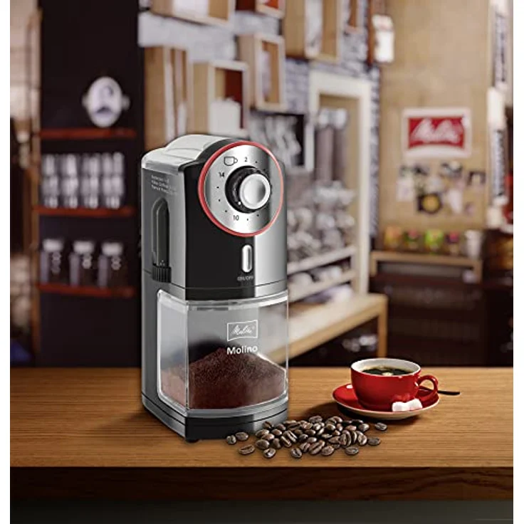 Melitta Molino Kaffeemühle, 1019-01, Elektrische Kaffeemühle, flache Mahlscheibe, Schwarz/Rot, CD - Molino - rote Matte – Bild 2