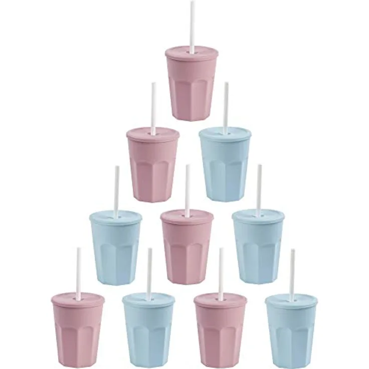 Engelland - 10x Kunststoffbecher mit Deckel Blau Rosa Trinkbecher mit Strohhalm Party-Becher Plastik Trink-Gläser Mehrweg 0,25l