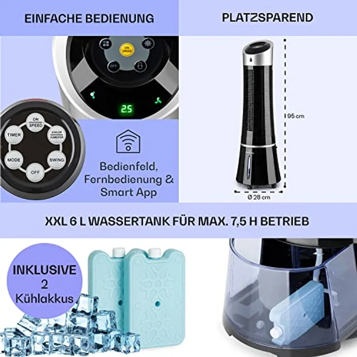 Klarstein Ventilatorkombigerät Skyscraper Ice Smart 4-in-1 Luftkühler & Ventilator WiFi 210m³-h Fernbedienung, Klimagerät ohne Abluftschlauch Klimaanlage mobil – Bild 6
