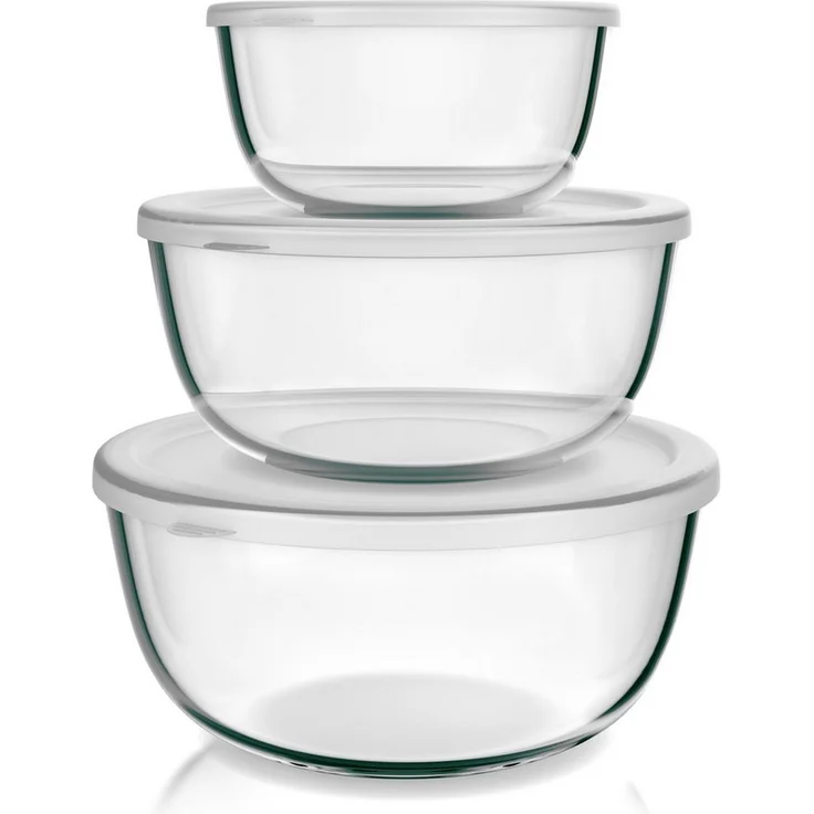 Arendo Salatschüssel 3er Set mit Deckel, Borosilikatglas, 1,1L / 2,7L / 4,4L, spülmaschinen- und mikrowellengeeignet, BPA-frei