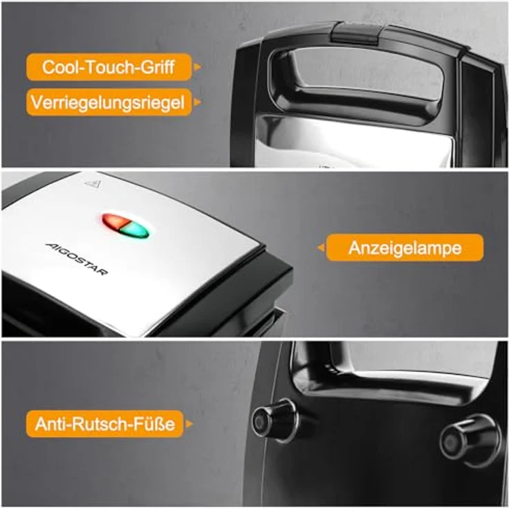 Aigostar Sandwichmaker für Dreieckige Sandwichtoasts, 800 W mit Antihaftbeschichtung, Doppelseitiges Backen bei Konstanter Temperatur, Vertikale Lagerung, Rutschfeste Füße, BPA-frei – Bild 3