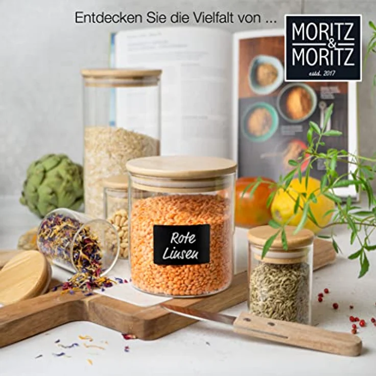 Moritz & Moritz Gewürzgläser Set, 12x 125 ml mit Bambusdeckel, inkl. 24 Tafelsticker & Kreidestift, bruchsicher und spülmaschinenfest, transparent – Bild 8