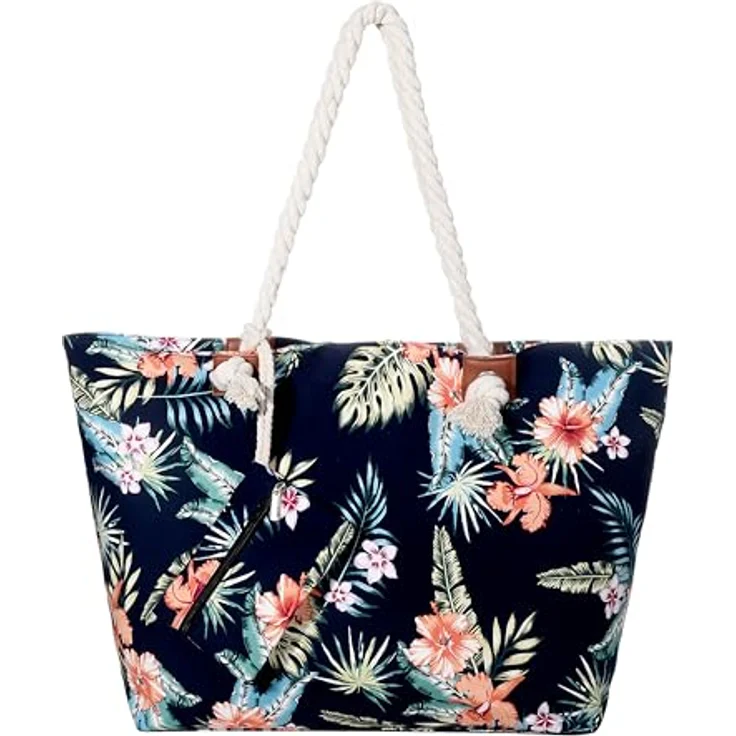 DonDon Strandtasche XXL mit Reißverschluss, praktische Umhängetasche für Damen im Hawaiian Flower Design, 58 x 38 x 18 cm, inkl. Mini Tasche – Bild 1
