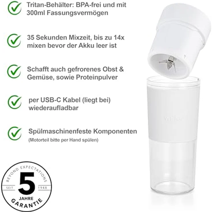Wilfa Swift, Tragbarer Standmixer mit 300 ml Tritan-Flasche und USB-C Ladeanschluss, Weiss – Bild 2