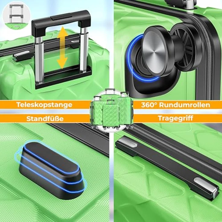 KESSER® Reisekoffer Set 4-teilig, ABS Hartschalenkoffer mit Zahlenschloss, Kofferwaage & Reisebrieftasche, 360° Rollen, Handgepäck & große Koffer für Business & Reise, Apple Green – Bild 5
