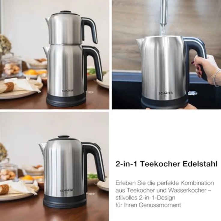 Elektronik Schäfer Teekocher Wasserkocher Edelstahl Silber, 2in1 mit Teesieb, Warmhaltefunktion, 2,7 Liter, 1850-2200W – Bild 4