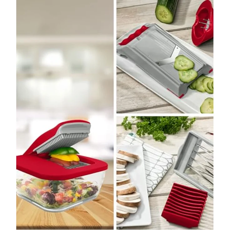 Genius Nicer Dicer Chef Gemüseschneider 15 tlg, Multifunktionaler Spiralschneider mit Käsereibe und Selbstreinigungsfunktion, Rot – Bild 2
