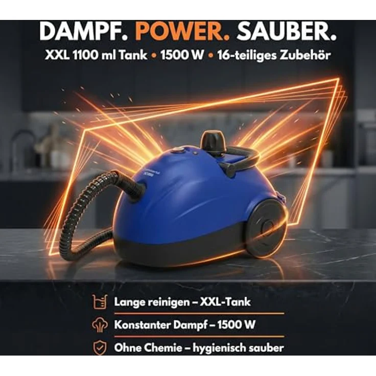 Sommertal XXL SC1000 Dampfreiniger Handgerät, 1100 ml Tank, 1500 W, 16-teiliges Zubehörset, leistungsstark, tragbar – Bild 6