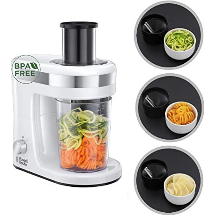 Russell Hobbs Spiralschneider, 300W, 3 Schneideinsätze (schmale & breite Obst- -Gemüsenudeln & Spiralen), Gemüse--Salatschneider, Auffangbehälter 1,3l, BPA-frei, elektrischer Allesschneider 23810-56