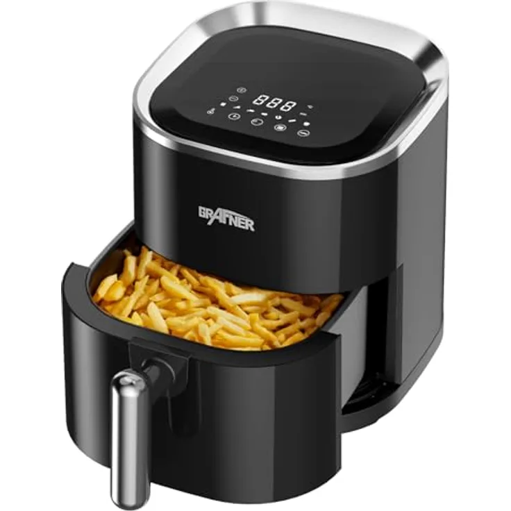 Grafner XL Digitale Heißluftfritteuse, 3,6 Liter, 1200 Watt, LED-Touchscreen, 7 Programme, 360° Gar-System, Timer, Antihaft-Beschichtung, Airfryer ölfrei Heissluftfritteuse - Schwarz