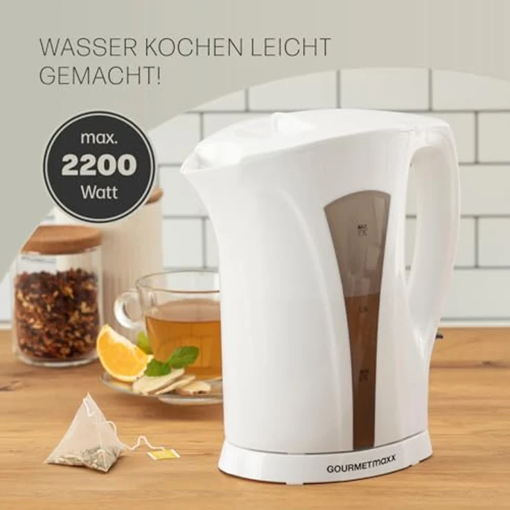 GOURMETmaxx Wasserkocher 1,7 l | Schlichtes Design, kabellose Flexibilität & automatische Abschaltung | Wasserstandsanzeige | Leicht zu reinigender Kalkfilter | Perfekt für Tee [Weiß-Grau] – Bild 5