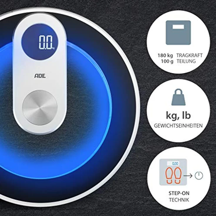 ADE Digitale Körperwaage aus Glas | hochpräzise Ergebnisse | stylische blaue LED-Beleuchtung | LED-Display | runder Korpus ohne Ecken und Kanten | bis 180 kg - Preisvergleich – Bild 2