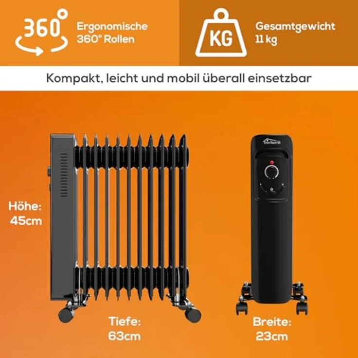 Tronitechnik® Ölradiator TT-OR 211 Elektroheizung Schwarz Öl-Heizung Radiator 3 Heizstufen 11 Rippen Elektrischer Heizkörper Energiesparend Thermostat Überhitzungsschutz Heizgerät – Bild 3