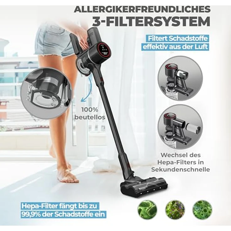 KLAMER Akku-Staubsauger, 500 Watt Kabelloser Staubsauger mit LED Licht, Flexibler Handstaubsauger, HEPA Filter, 25.9 Volt, Rot – Bild 4