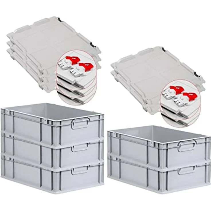 PROREGAL Eurobox NextGen Grip, SuperSparSet 5x, mit Scharnierdeckel und roten Schiebeschnappverschlüssen, 34 L, Grau, HxBxT 17x40x60cm, lebensmittelecht, stapelbar, robust – Bild 1