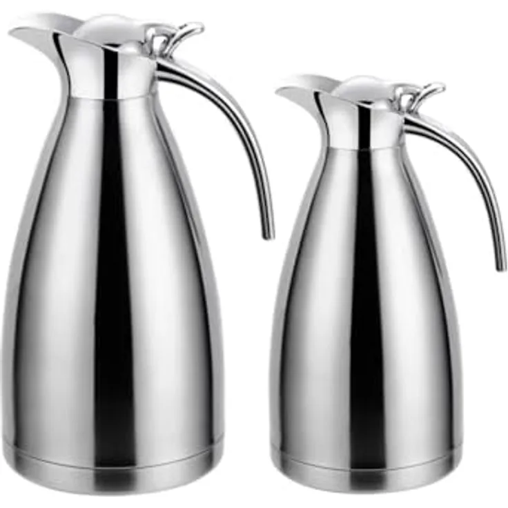 Rungassi 2er Set Thermoskanne Isolierkanne, Volumen 1L + 1,5L, hält Getränke lange warm oder kalt, Silber