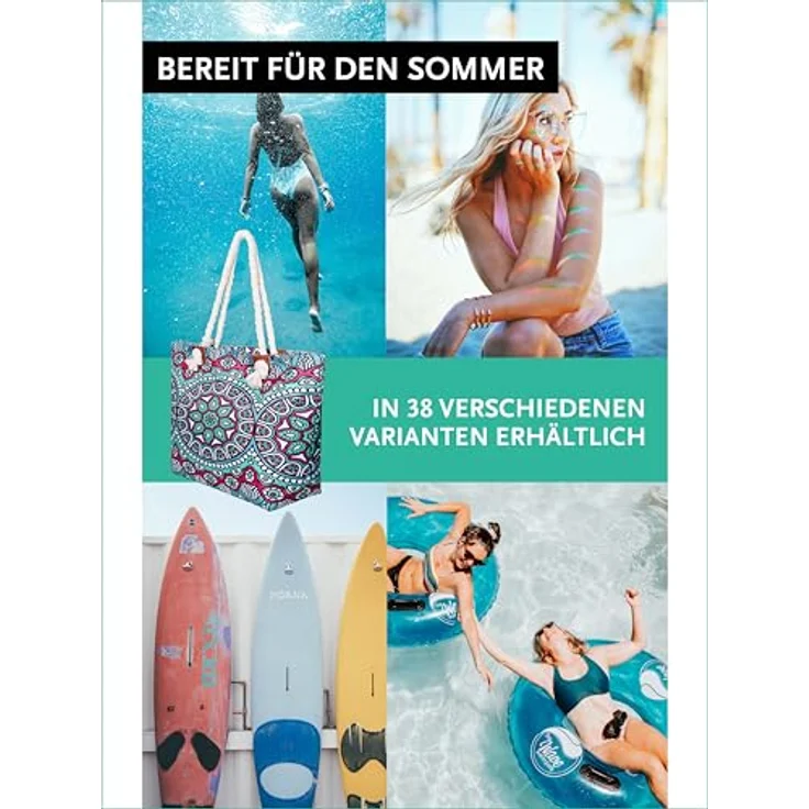 DonDon Strandtasche XXL mit Reißverschluss, praktische Shopper Tasche Damen in Indian Temple Design, 58x38x18 cm mit Innenfach und kleiner Extra-Tasche – Bild 5