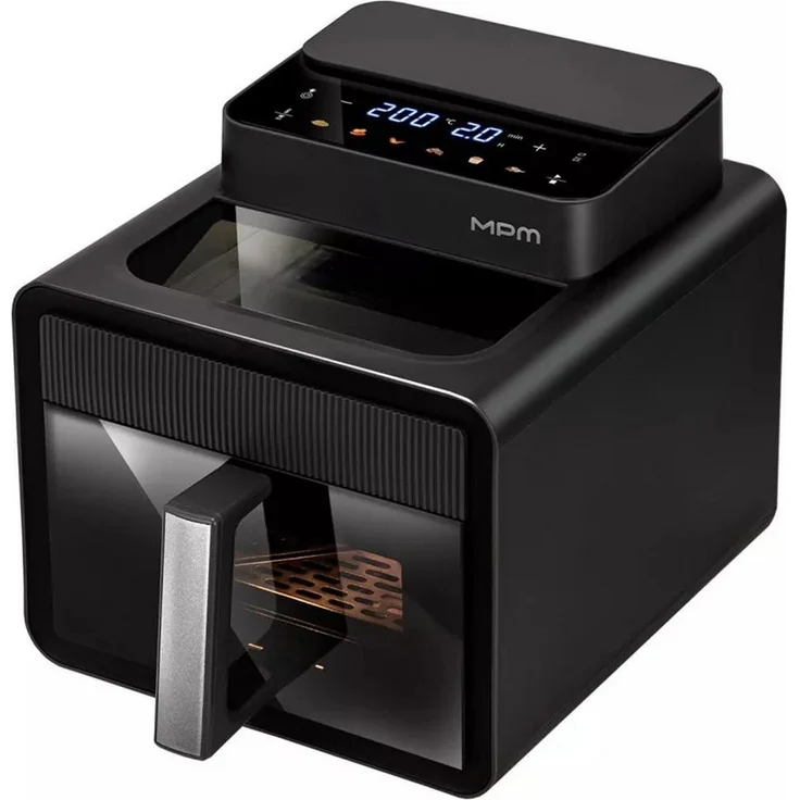 MPM Heißluftfritteuse MFR-16, 1600 W, Schwarz, 2 Sichtfenster, Innenbeleuchtung, 6 Programme, Startverzögerung