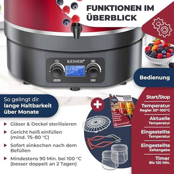 KESSER Einkochautomat 27 Liter, Glühweinkocher mit Timer, 2000 Watt, Temperatur 30-100°C, Abschaltautomatik, inklusive 2 Gläser & Zange – Bild 3